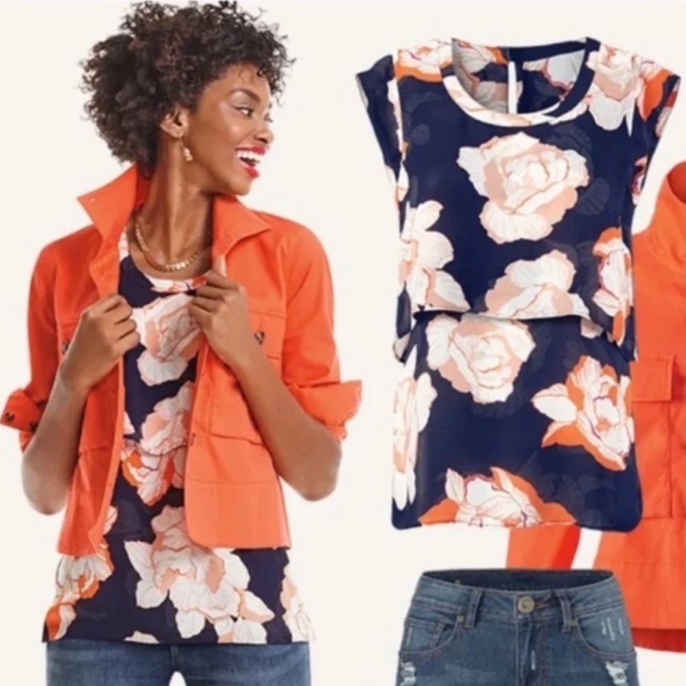 CAbi Navy Blue and Orange Blouse Vibrant Floral Top | Size S